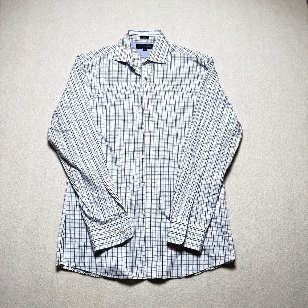 Tommy Hilfiger Mens Slim Fit Dress Shirt 14.5 32-33 Blue White Plaid Button Up